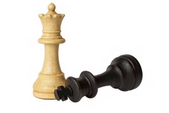 Chess queen standing over a fallen king piece, representing victory, power, and strategic thinking. Transparent background