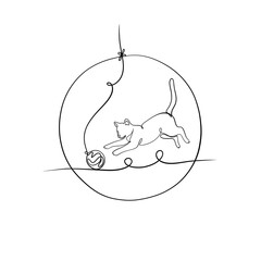 Minimalist one line drawing of a cat playing with a ball of yarn, modern continuous line pet illustration.