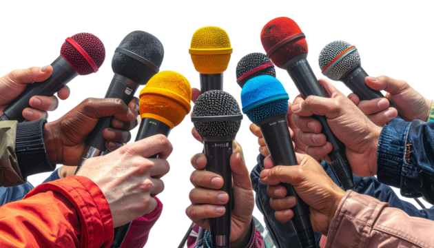 Media Reporter Microphone Cluster — Colorful Interview Setup PNG