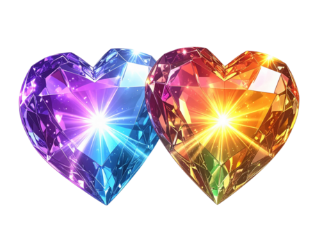  Floating Crystal Heart Gem Bundles with Radiant Light Rays, Dynamic Fantasy Composition, PNG