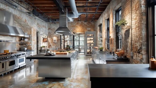 Modern kitchen design with stainless steel appliances and brick walls