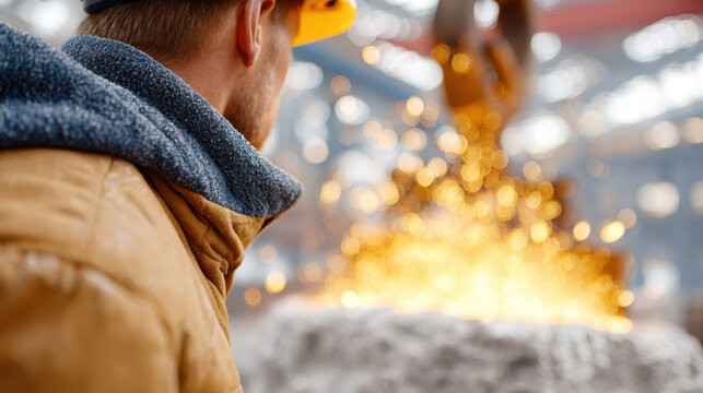 Steelworker observing glowing metal stream in continuous casting line of steel plant