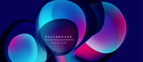 Abstract circles overlap, creating vibrant gradients. Blue, pink, purple hues dominate dark background. Modern design element.