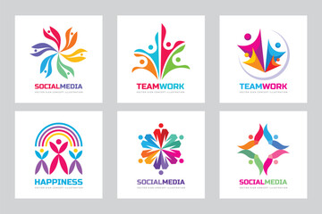 Teamwork vector logo set creative illustration. People group sign. Social media symbol. Friendship concept. Cooperation icons. Graphic design elements