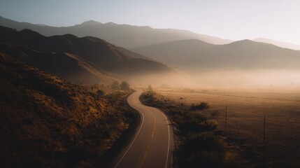 scenic open road at sunrise, winding through mountains, soft mist, warm light, cinematic composition, peaceful and atmospheric, evokes sense