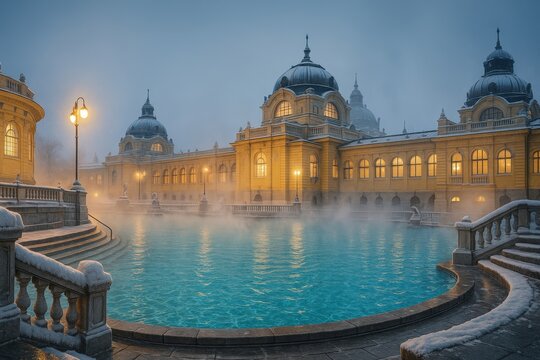 Historic thermal bath in Budapest with steaming outdoor pools and grand yellow neo-baroque architecture at winter.