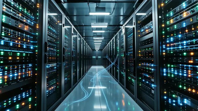 Futuristic data center interior with rows of illuminated server racks, advanced networking and high-speed technology infrastructure for cloud computing, storage, and cybersecurity.