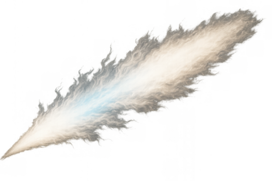 Fast-moving jet stream with a vibrant blue fire core, surrounded by warm smoke and exhaust, rendering on a transparent background