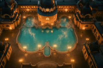 Historic thermal bath in Budapest with steaming outdoor pools and grand yellow neo-baroque architecture at winter.