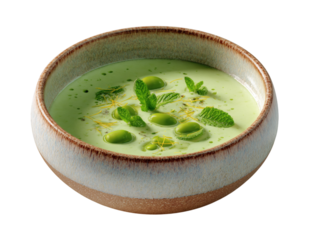 Refreshing green pea soup garnished with fresh mint and lemon zest in a rustic bowl