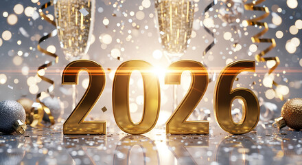 Celebrate the coming new year with shimmering golden digits 2026, bokeh lights, confetti, and champagne glasses. Perfect festive backdrop for greetings and announcements.