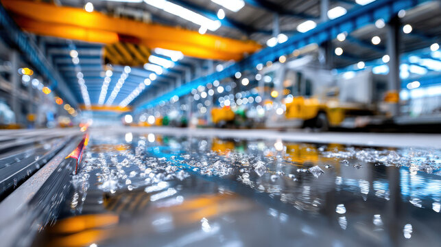 Overhead crane handling hot steel slab in industrial rolling shop with reflective wet floor and bright lighting - Powered by Adobe