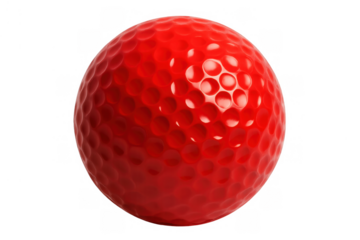 Red golf ball displaying dimpled pattern for aerodynamics, used in sport and recreational golf, on a transparent background