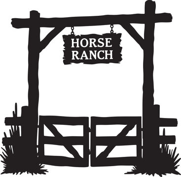 Black silhouette of a wooden ranch gate with sign horse ranch