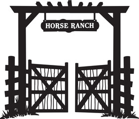 Black silhouette of horse ranch entrance gate with sign