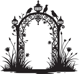 Black silhouette of ornate garden arch with birds and flowers