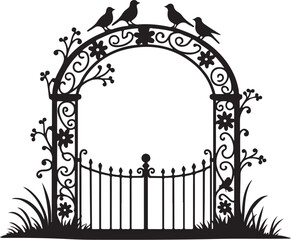 Black silhouette of ornate garden arch with birds and gate