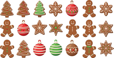 Colorful gingerbread cookies, Christmas tree shapes, festive stars, holiday ornaments and gingerbread men arranged in decorative Christmas cookie collection illustration