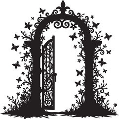 Black silhouette ornate garden gate with butterflies and vines