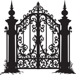 Black silhouette ornate wrought iron gate with pillars