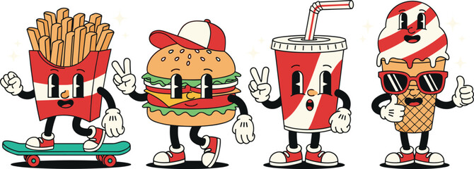 Cute fast food characters, cartoon burger, fries, drink, ice cream mascots, fun playful illustration, kawaii snack vector artwork
