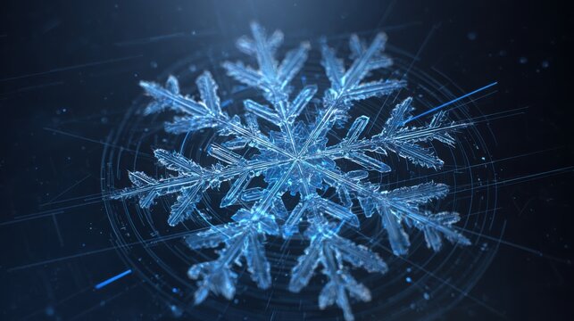 single snowflake macro with digital interface overlay, glowing lines and geometric patterns futuristic luxury aesthetic high tech winter fashion