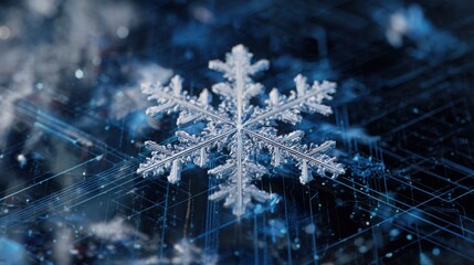 single snowflake macro with digital interface overlay, glowing lines and geometric patterns futuristic luxury aesthetic high tech winter fashion