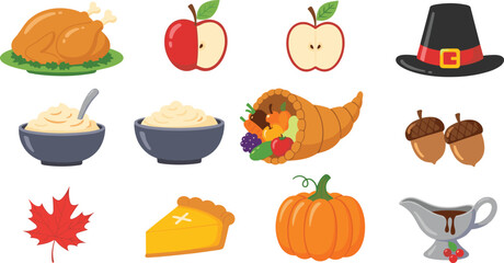 Thanksgiving food illustration set with turkey, pumpkin pie, mashed potatoes, harvest cornucopia, autumn leaves, apples, acorns, gravy, holiday elements, celebration