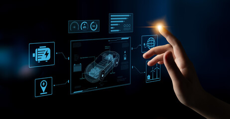 Technical layout of electric vehicle showing battery system, power control, traction motor, charging interface, and integration with renewable and smart energy sources Latch