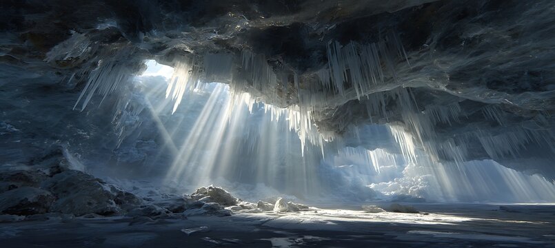 Sunlight streams through the opening of a dark, icy cave illuminating hanging icicles and the frozen floor below