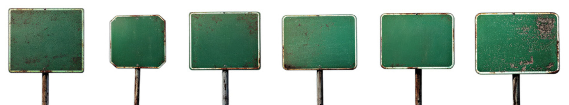 Row of old green rectangular signboards with rusty surfaces