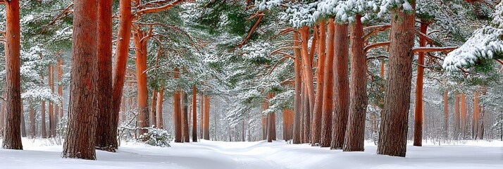 A Serene Winter Wonderland Tranquil Pathway Through a Snowy European Pine Forest Under a Clear Sky
