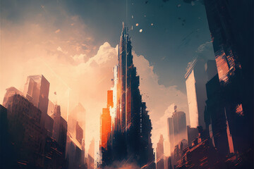 Futuristic skyscraper tower at sunset, sci-fi city skyline digital painting