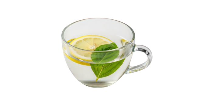Glass cup of clear water with a slice of lemon and fresh mint leaf isolated on a transparent background - Powered by Adobe