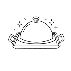 Hand-drawn food tray with cloche cover in black and white line art, elegant and festive dining symbol