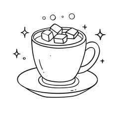 Hand-drawn cup of hot cocoa with marshmallows on a saucer in black and white line art, festive and cozy