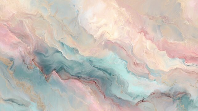 Smooth pastel marble texture with fluid motion, soft swirling patterns, delicate blending of soft beige, blush, mint, and lilac, glossy stone like