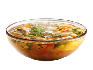 Steaming bowl of hearty chicken noodle soup with fresh herbs and vegetables on a white background