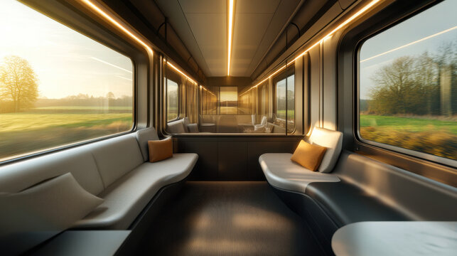 Modern train interior with panoramic windows showcasing scenic countryside during golden hour - Powered by Adobe