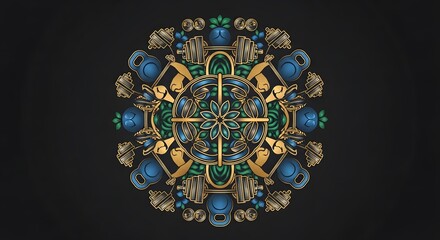 Intricate abstract mandala with symmetrical geometric patterns and vibrant colors