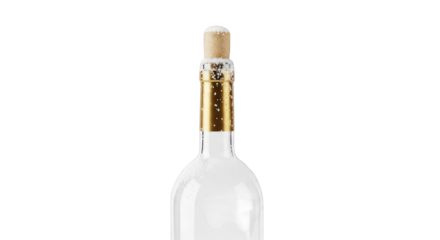 Close-up of the top of a clear glass bottle with a cork and gold foil seal, isolated on a transparent background