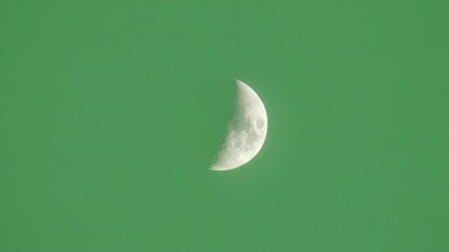 Celestial Half Moon: A captivating photograph showcases a luminous half moon, gracefully positioned against a serene, light green backdrop, symbolizing peace and solitude.