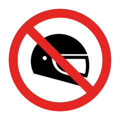 No motorcycle helmet sign with prohibition symbol and black helmet icon in red circle. Graphic sign indicates restriction on motorcycle helmet use for safety awareness and regulation purposes.