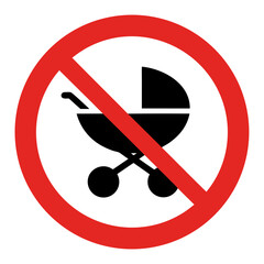 No strollers sign with red circle and diagonal line over baby carriage symbol. Clear indication of restricted stroller use on premises. Concept no strollers for public spaces and events.