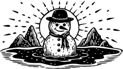 Melting snowman under sunlight with mountains in background. Snowman stands in water as sun rays shine around him, capturing a whimsical spring scene.