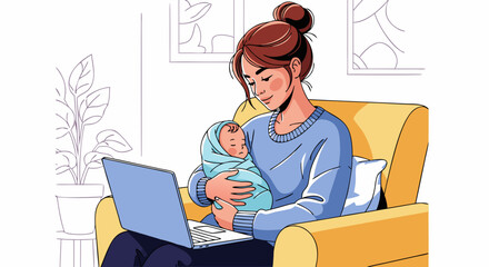 Mother balancing work with baby in cozy home setting. Mother interacts with laptop while cradling newborn, showcasing modern parenting. Concept of multitasking motherhood in relaxed environment.