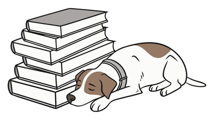 Sleeping dog beside stack of books. Adorable dog rests on floor near pile of books, creating tranquil setting perfect for book lovers and pet enthusiasts.