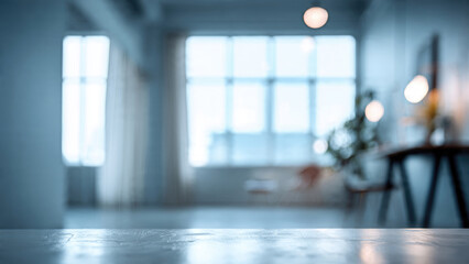 Soft-focus interior background with a clean foreground surface. Features natural light from windows and warm bokeh lights, creating a spacious, modern ambiance.