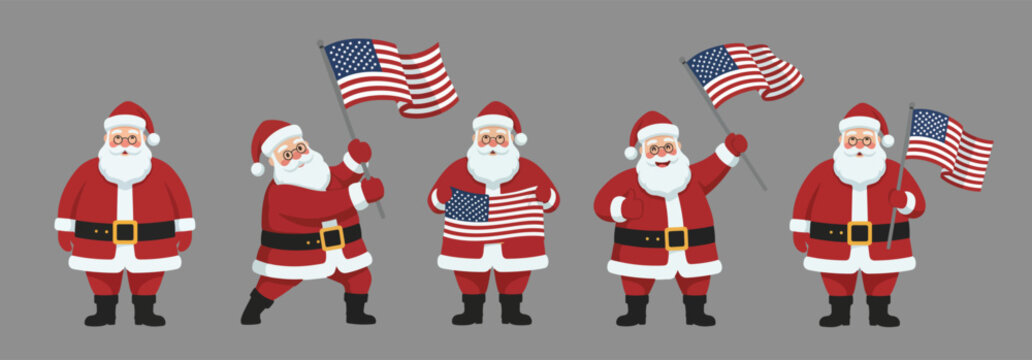 Flat vector Santa Claus characters holding USA flag in festive poses, for Christmas promotions, patriotic holiday campaigns, 4th of July, winter marketing, greeting cards, stickers, banners