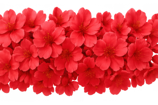 Red cherry blossoms forming a decorative floral border on top and bottom, blooming in springtime with a transparent background